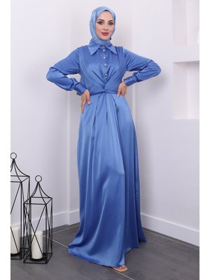 İndigo Yakası Düğmeli Çapraz Kuşaklı Saten Abiye Elbise