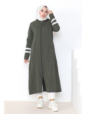 Haki Kapüşonlu Şerit Detay Kap