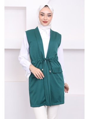 Zümrüt Yeşili Sahte Cepli Bel Bağlamalı Yelek Zümrüt Yeşili Sahte Cepli Bel Bağlamalı Yelek
