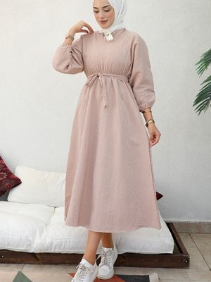 Yarasa Kol Çizgi Desen Kuşaklı Gofre Elbise Kahve Yarasa Kol Çizgi Desen Kuşaklı Gofre Elbise Kahve