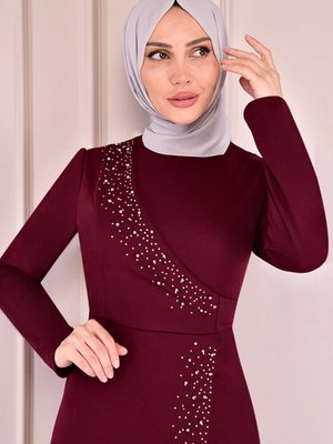 Taş Işlemeli Uzun Elbise Bordo