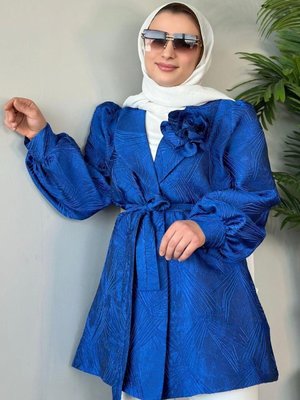 Ferda Yakası Güllü Balon Kol Ceket Saks