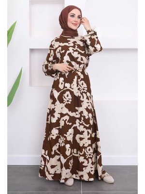 Kahverengi Büyük Beden Desenli Kuşaklı Viscon Elbise