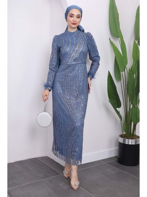 İndigo Simli Kol Detaylı Abiye Elbise
