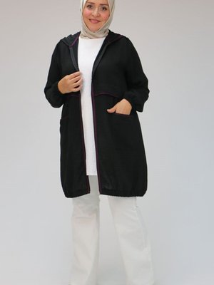 Siyah Büyük Beden Biye Detaylı Keten Kap