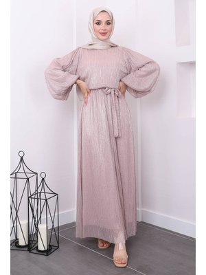 Pudra Balon Kol Kuşaklı Abiye Elbise