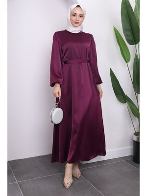 Mürdüm Hakim Yaka Balon Kol Saten Abiye Elbise