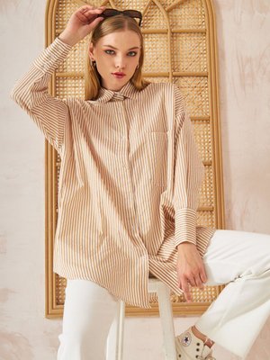 Oversıze Çizgili Gömlek Vizon Oversıze Çizgili Gömlek Vizon