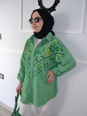 Keten Oversize Önü Nakışlı Tesettür Gömlek Tunik