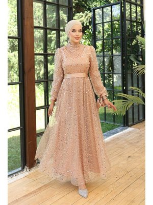 Vizon Larissa Boncuklu Tül Abiye Elbise