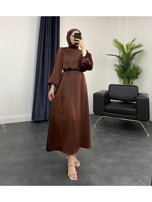 Dimitra Saten Balon Kol Elbise Kahverengi Dimitra Saten Balon Kol Elbise Kahverengi