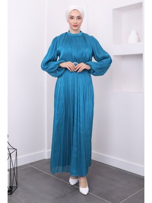 Yeşil Balon Kol Bel Kemerli Abiye Elbise