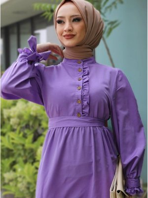 Kol Ucu Ve Önü Fırfırlı Terikoton Elbise Lila Kol Ucu Ve Önü Fırfırlı Terikoton Elbise Lila