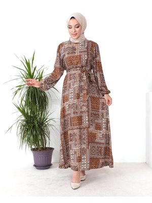 Yazlık Desenli Viskon Elbise Kahve