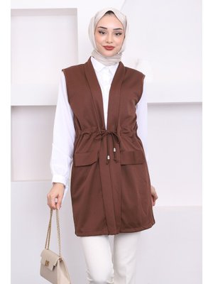 Kahverengi Sahte Cepli Bel Bağlamalı Yelek Kahverengi Sahte Cepli Bel Bağlamalı Yelek