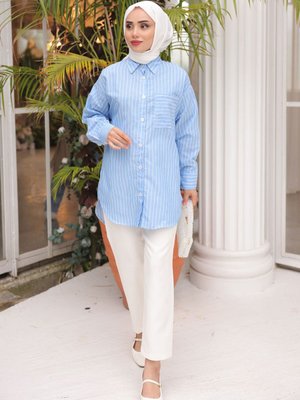Mavi Çizgili Yırtmaçlı Gömlek