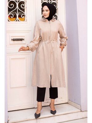 Bej Beli İp Büzgülü Kapüşonlu Kap