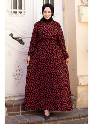 Kırmızı Beli Lastikli Küçük Gül Desenli Viskon Elbise Kırmızı Beli Lastikli Küçük Gül Desenli Viskon Elbise