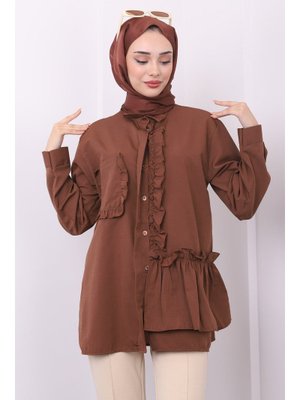 Kahverengi Cep Detaylı Fırfırlı Tunik