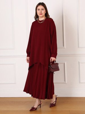 Bordo Büyük Beden Piliseli Tunik & Etek İkili Aerobin Takım