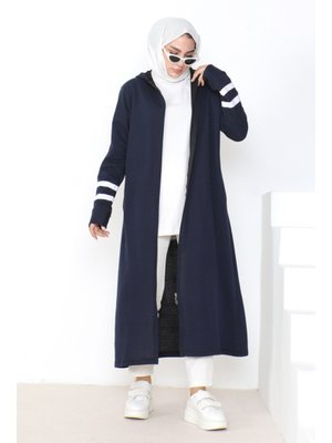 Lacivert Kapüşonlu Şerit Detay Kap