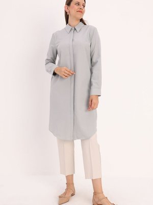 Gri Gizli Patlı Pamuklu Gömlek Tunik