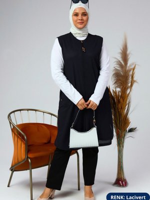 Kadin Tesettur Giyim Uzun Yazlik Cepli Fermuarli Yelek Lacivert