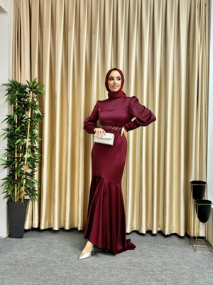 Bordo Asmin Abiye Elbise