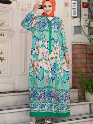 Önü Düğmeli Çiçek Desenli Elbise