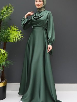 Kol Bağlamalı Degaje Abiye Elbise Kına Yeşil