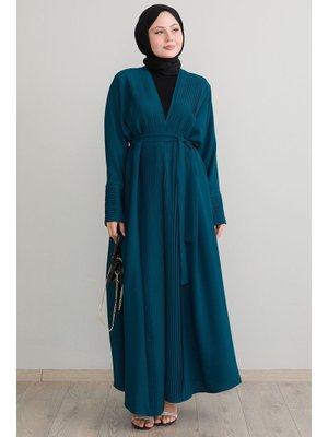 Boydan Pileli Detay Uzun Petrol Krep Hırka