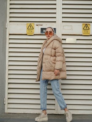 Kapüşonlu Oversize Şişme Mont Bej