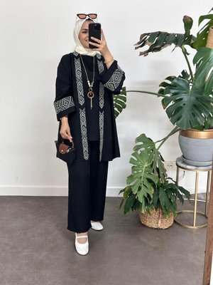 3lü Pamuk Keten Kolyeli Nakışlı Takım Siyah 3lü Pamuk Keten Kolyeli Nakışlı Takım Siyah