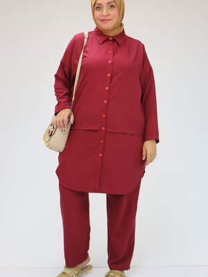 Bordo Büyük Beden Önden Patlı Mucize Pantolonlu Takım Bordo Büyük Beden Önden Patlı Mucize Pantolonlu Takım