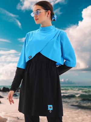 Mavi Siyah Omuzda Pile Detaylı Parça Tam Kapalı Mayo