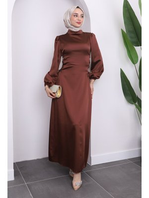 Kahverengi Yan Detaylı Saten Abiye Elbise Kahverengi Yan Detaylı Saten Abiye Elbise