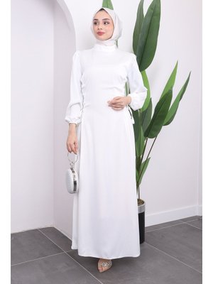 Beyaz Yan Detaylı Saten Abiye Elbise