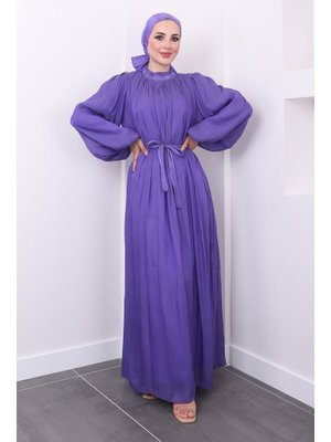 Lila Bel Kuşaklı Şifon Parlak Abiye Elbise