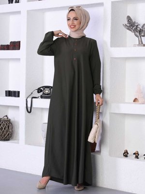Düğme Detaylı Elbise Haki