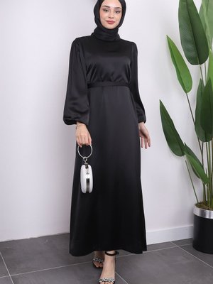 Siyah Hakim Yaka Balon Kol Saten Abiye Elbise