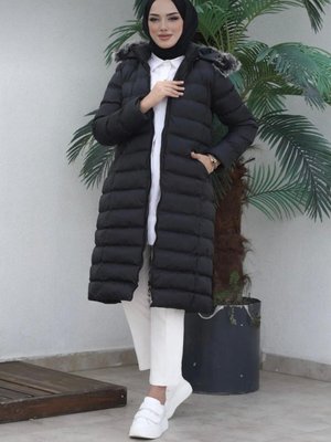 Kürklü Yakalı Uzun Şişme Mont