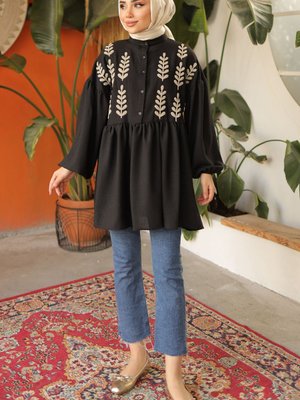 Yaprak Desenli Gömlek Siyah