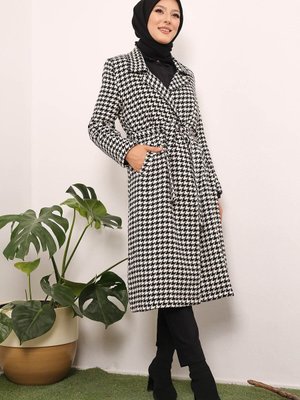 Siyah Modest Astarlı Cepli Kazayağı Desenli Kaşe Kaban Siyah Modest Astarlı Cepli Kazayağı Desenli Kaşe Kaban