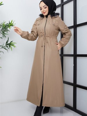 Içi Bele Kadar Kürklü Astar Altı Elyaf Belden Sıkma Uzun Pardesü Bilekten Lastikli Kaban Mont