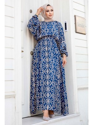 Yarasa Kol Beli Lastikli Desenli Viskon Elbise