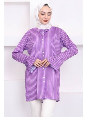 Mor Çift Düğmeli Çizgili Kol Piliseli Tunik Mor Çift Düğmeli Çizgili Kol Piliseli Tunik
