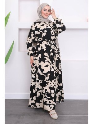 Siyah Büyük Beden Desenli Kuşaklı Viscon Elbise