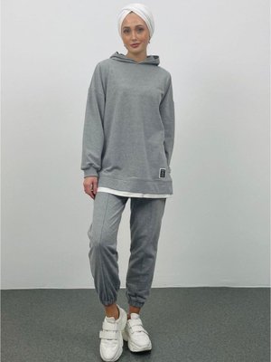 Text Kapüşonlu Basic Oversize Gri Alt Üst Eşofman Takımı