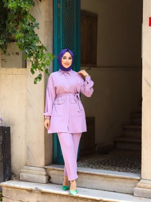 Cepleri İnci Detaylı Kuşaklı İkili Takım