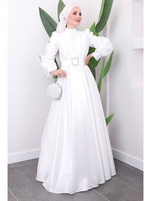 Beyaz Balon Kol Drapeli Abiye Elbise